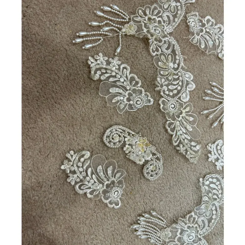 Ivory and Silver beaded lace applique 9 piece floral motiff
